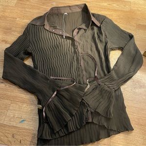 Brown coffee colored mesh bell sleeve button up shirt